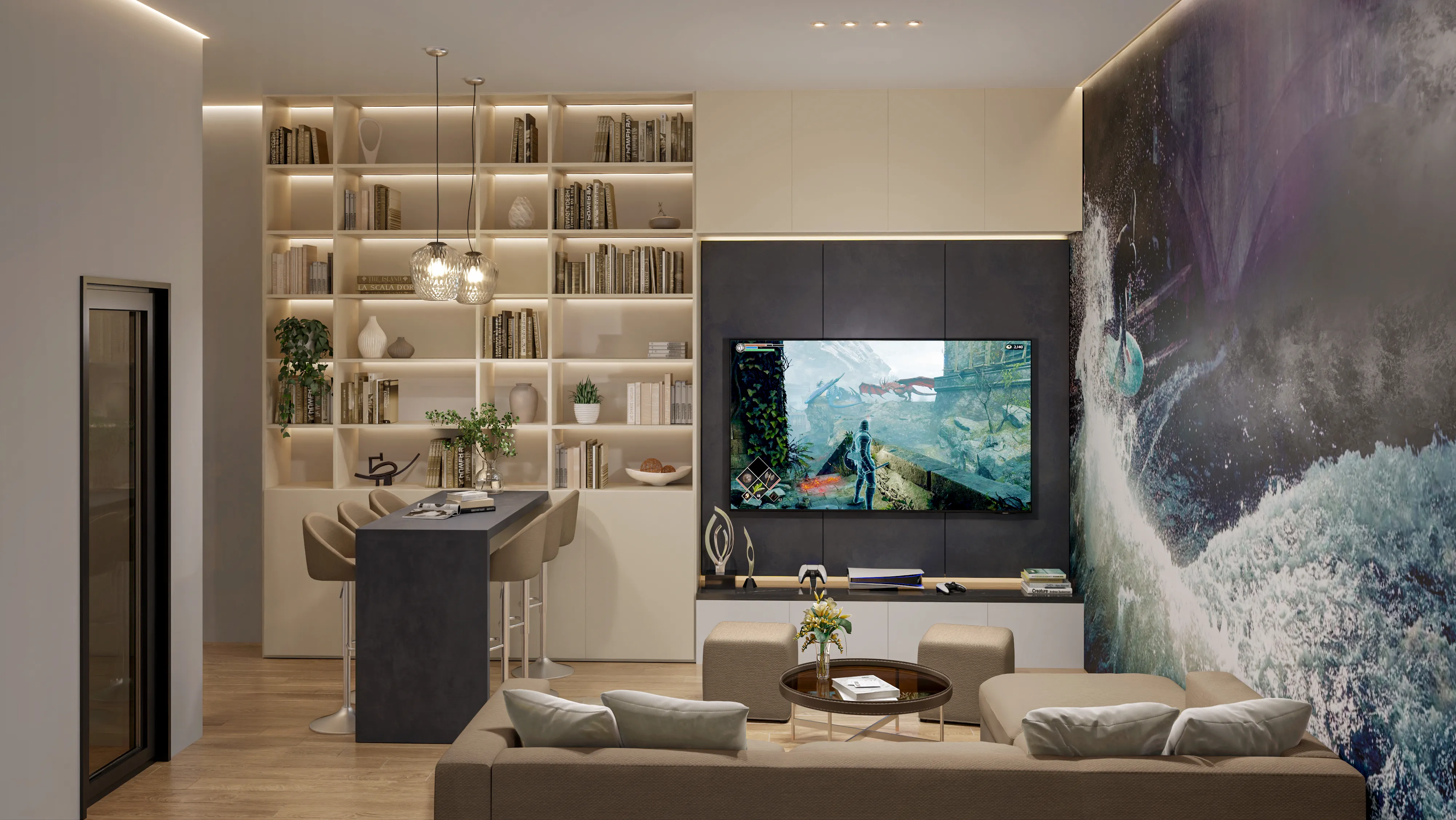 Villa Lounge mit PlayStation und Großbild-TV